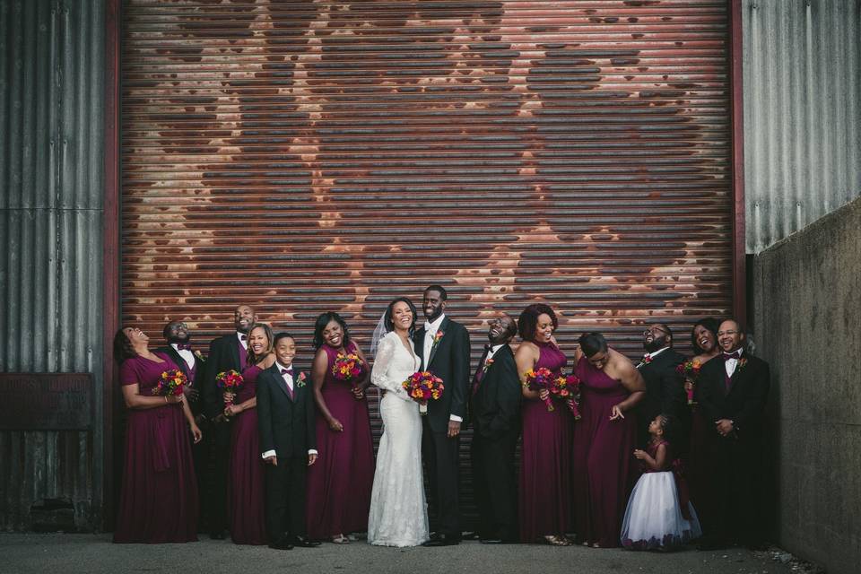 Industrial downtown wedding party.