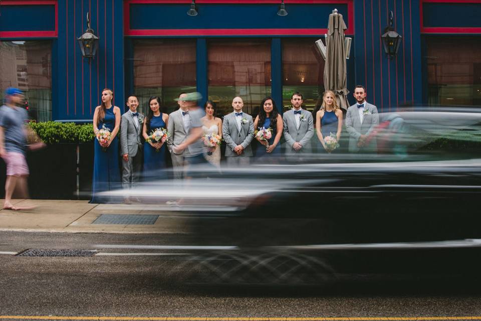 Downtown urban street wedding party.