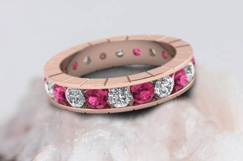 Rose Gold Channel Set Diamond and Sapphire Vintage Style Womens Eternity Band