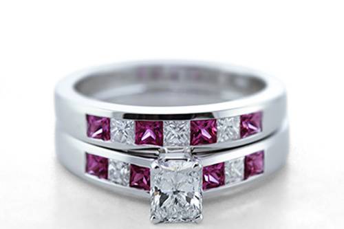 Channel set Sapphire and Cushion diamond Bridal Ring Set