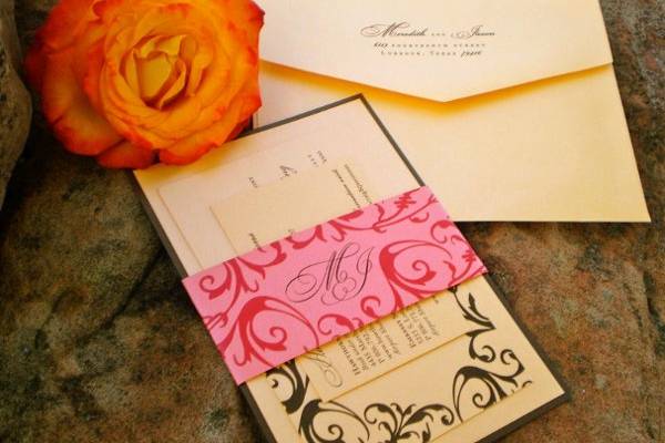 Meredith & Jason Wedding Invitation Suite
Main invitation, main envelope, belly band, Rehearsal Dinner card, Hotel Accommodations Card