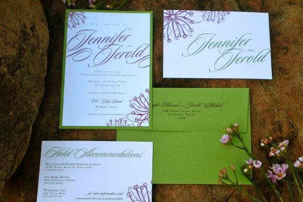 Jennifer & Jerold Wedding Invitation Suite
Main invitation, main envelope, RSVP Post card, Hotel Accommodations Card