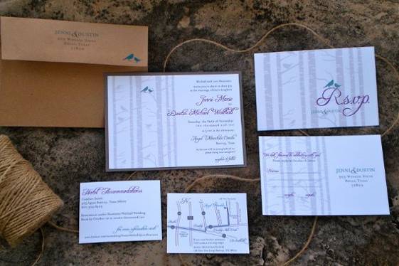 Jenni & Dustin Wedding Invitation Suite
Main invitation, main envelope, RSVP Post card, Hotel/Directions Card