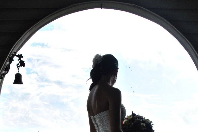 Bride by the balcony