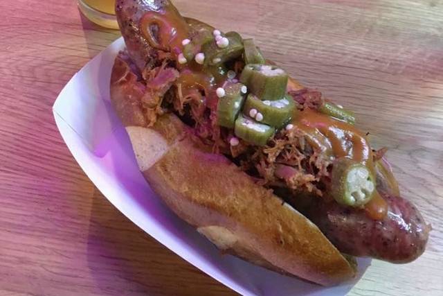 Carolina BBQ: Smoked Polish sausage topped with Carolina BBQ pulled pork and pickled okra