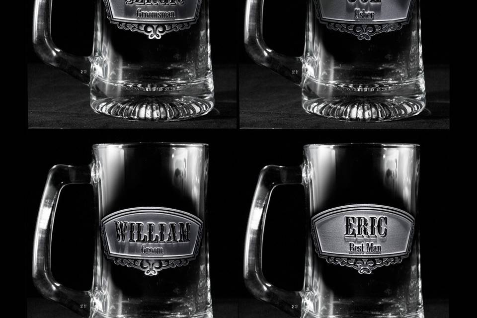 Groomsman gift ideas, bridesmaid gift ideas such as best man and maid of honor engraved beer mugs.
