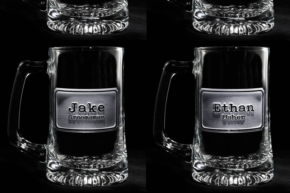 Groomsman gift ideas, bridesmaid gift ideas such as best man and maid of honor engraved beer mugs.