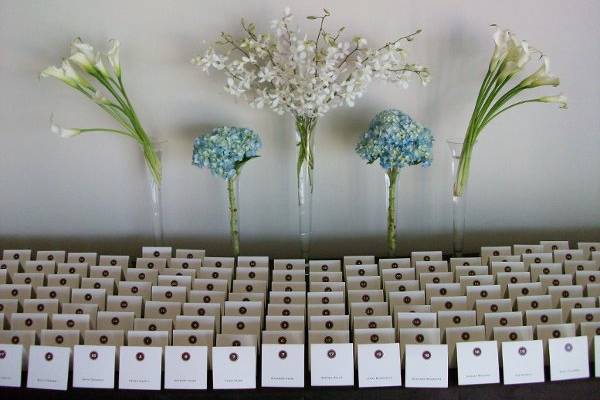 Multiple vases each with one variety of flower for place card table.