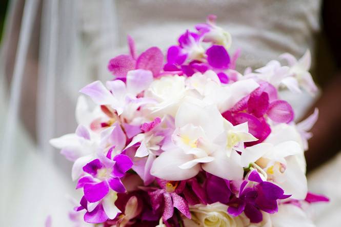 Dramatic cascading bouquet of orchids