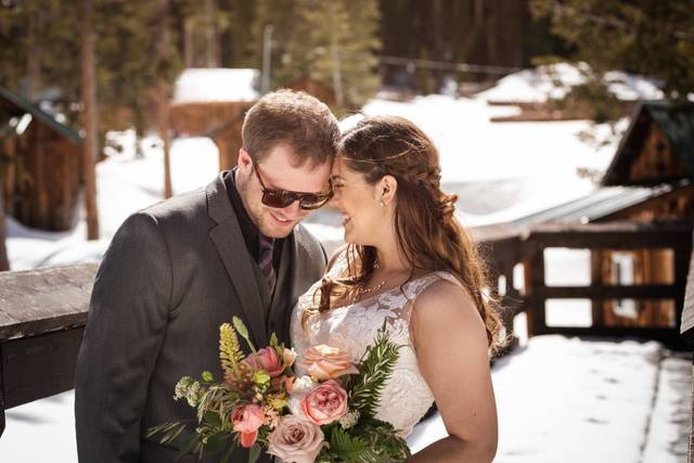 Bride and groom in snow
