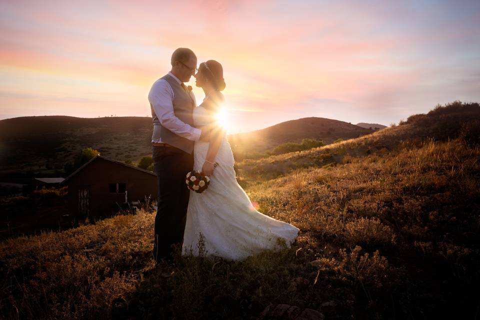 Wedding couple at sunset in CO