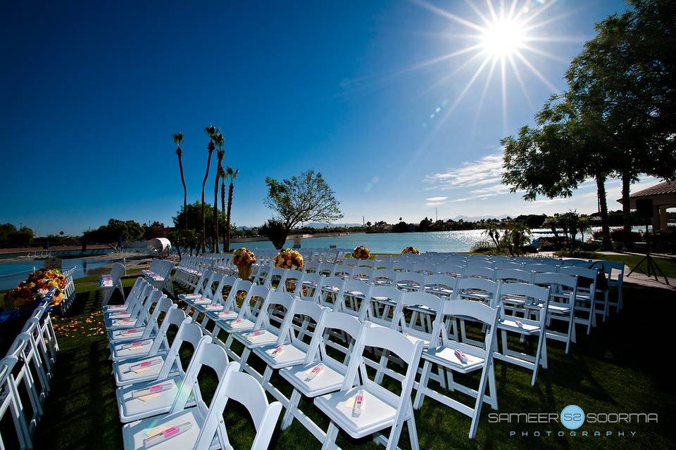 Rows of white chairs