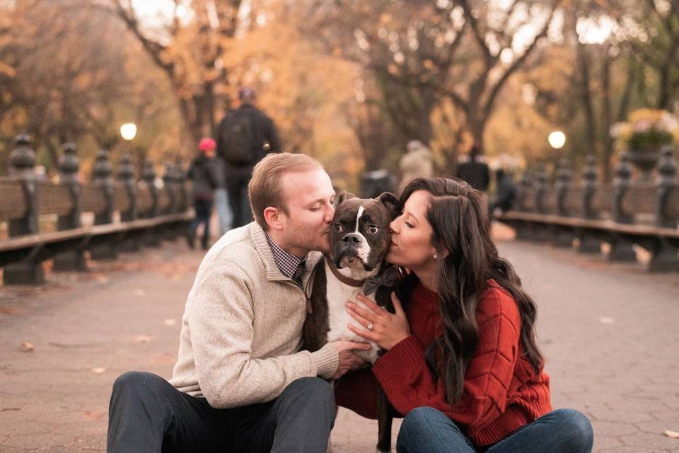 Couple kissing a dog