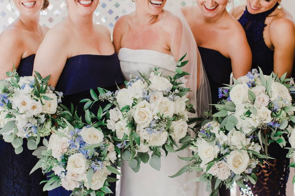 White and blue bouquets