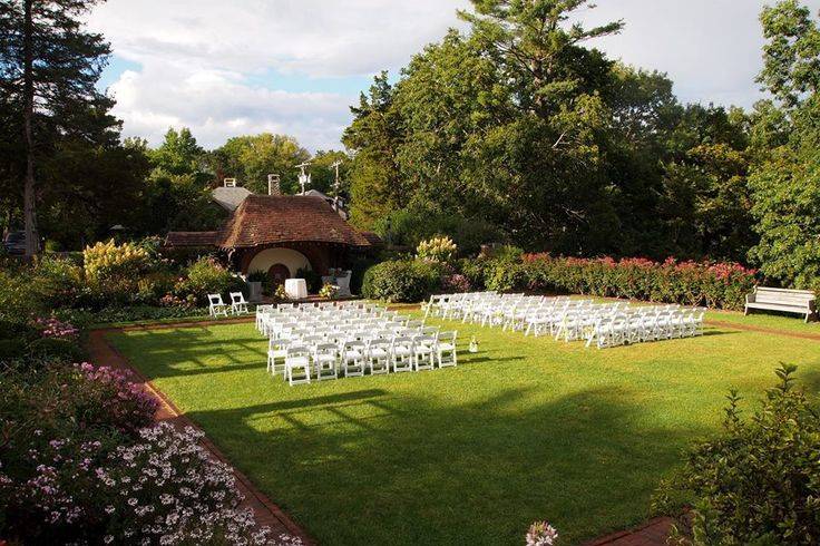 View of the back patio setup for a wedding ceremony