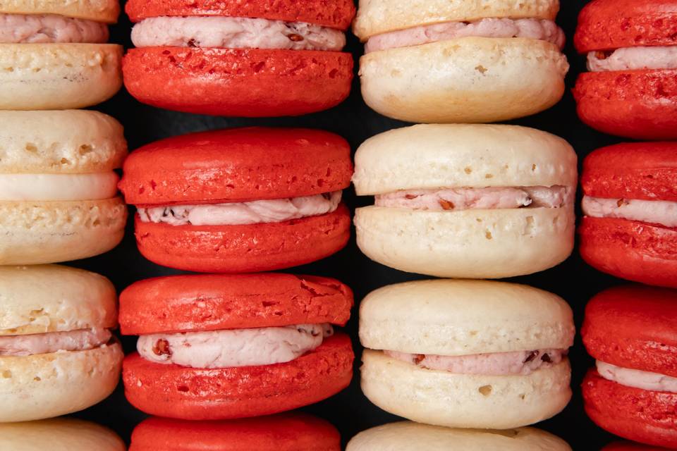 White & Red Raspberry Macarons