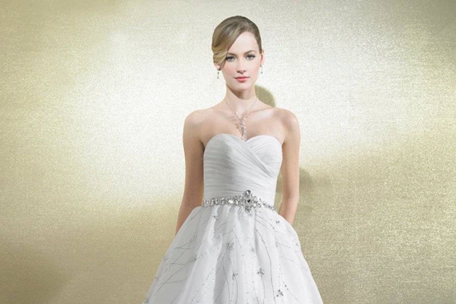 Style D8001
Strapless sweetheart, full A-line gown. Organza is artfully ruched across the bodice and features floral embroidery pattern cascading down the skirt. A beaded belt accents the waist.