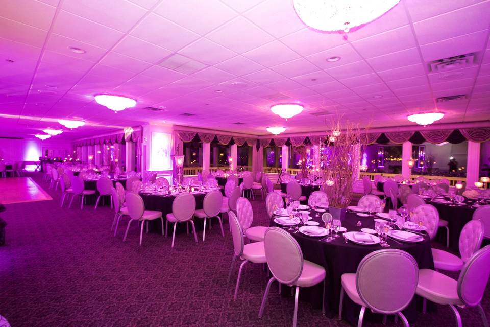 Reception area with pink uplighting