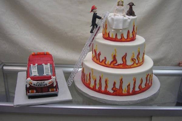 fire man/bride wedding cake