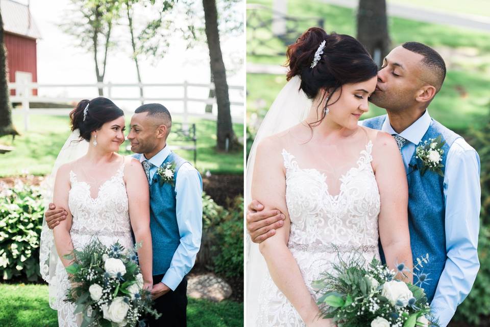 Front of barn bride and groom