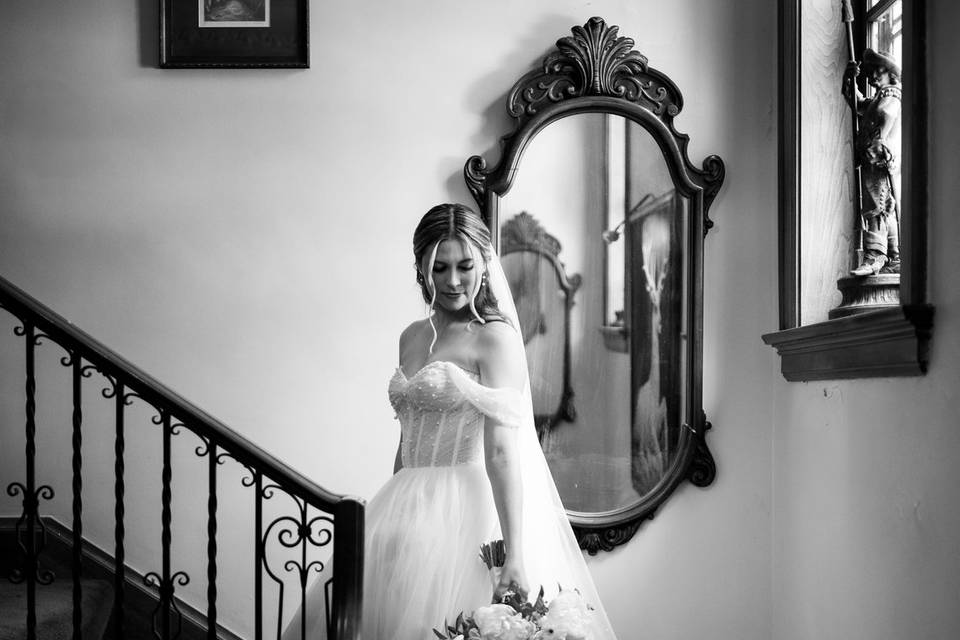Bride and Groom Behind Pub