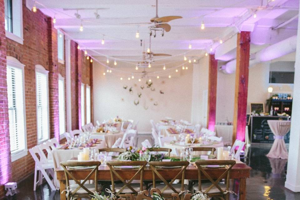 Reception with Sweetheart Table at The River Room.  Photo by Lightbloom Photography.