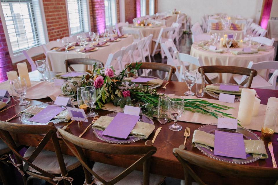 Reception Tables - lavender, sage, gold. Rentals from L&L Party & Tent Rentals at The River Room. Photo by Lightbloom Photography.