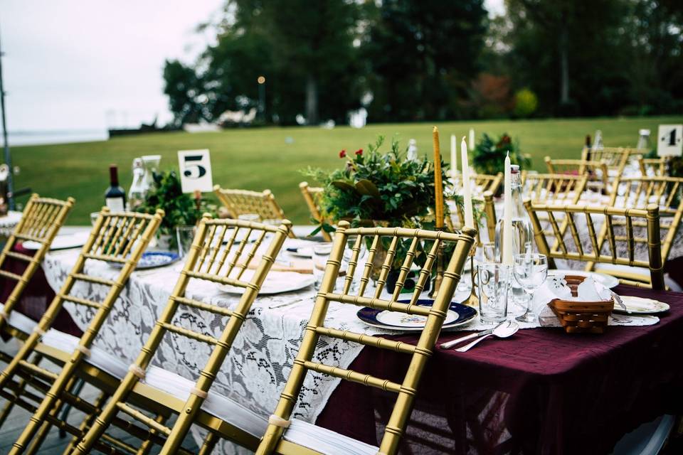 Vintage romance reception in New Bern, NC. Chivari chairs, gold  & lace. Photo by Justin Driscoll.