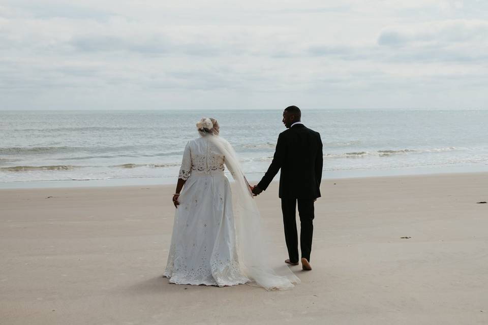 Newlyweds on beach