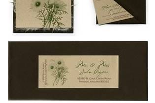 This flower wedding invitation uses shades of greens and browns with an antique flower etching and soft pale green paper. The dark chocolate envelopes are adorned with custom stickers.http://ericksondesign.com/springteatime.htm
