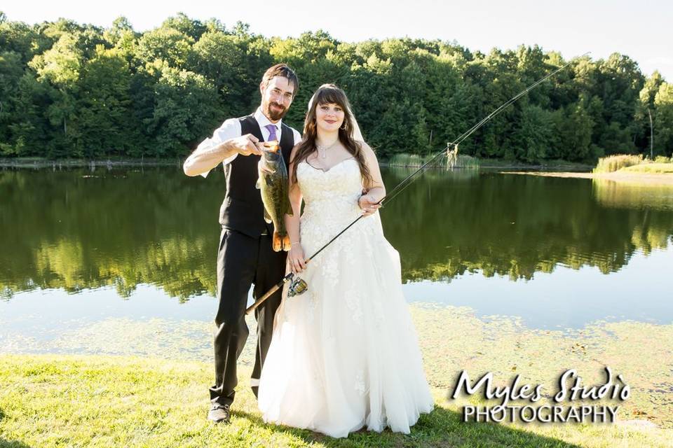 Wedding couple gone fishing.