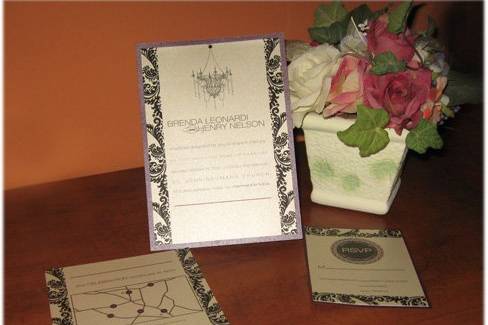 5x7 Plum Purple and black damask Invitation Set withMatching map and Response Card. So elegant!