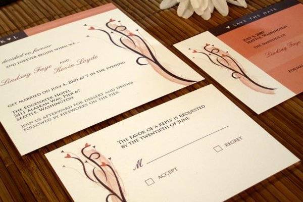 This heart themed wedding invitation collection is modern and original. Perfect for today's stylish and original bride.