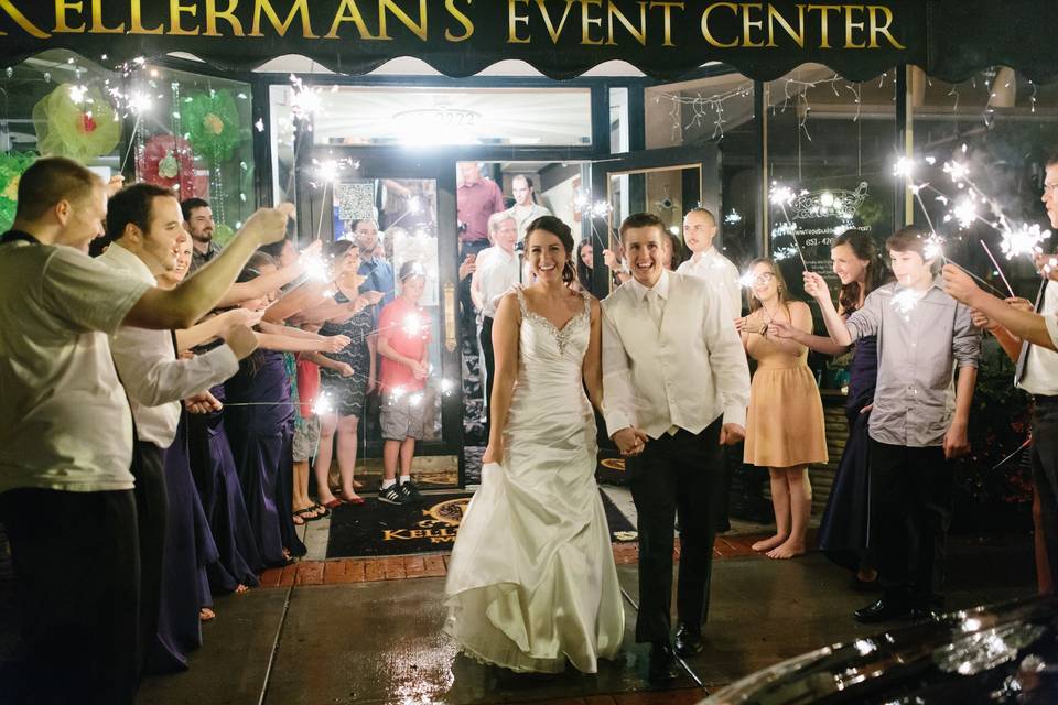 Wedding couple leaving the Kellerman's Event Center in White Bear Lake, Minnesota.
