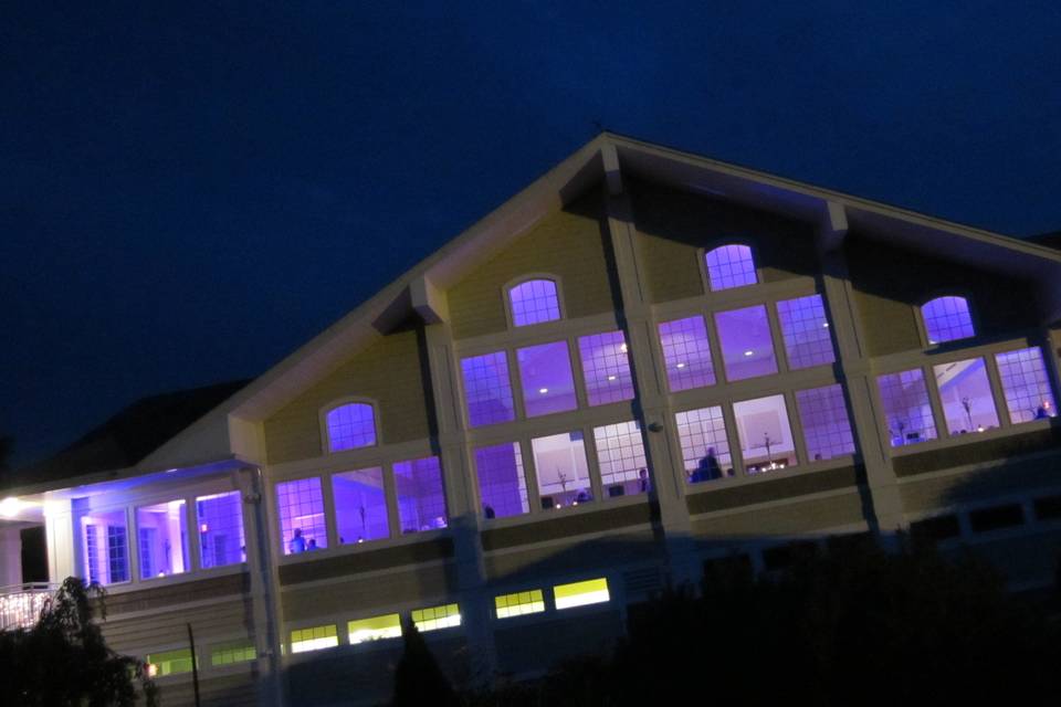 A view from the outside of The Berkshire Hills Country Club, in Pittsfield, Massachusetts. This wedding reception included my disc jockey and uplighting services.