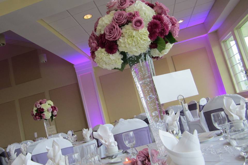 Purple uplighting at the Berkshire Hills Country Club in Pittsfield, Mass.