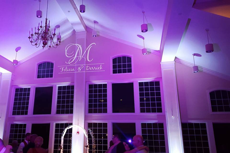 Uplighting and a custom monogram at the Berkshire Hills Country Club in Pittsfield, Mass..