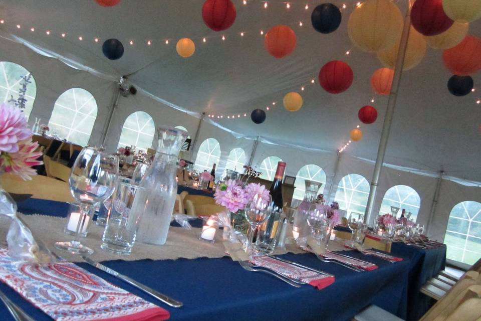 String lighting and color-coordinated round paper lanterns for this wedding tent.