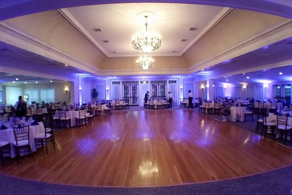 Purple uplighting in the Country Club of Pittsfield.