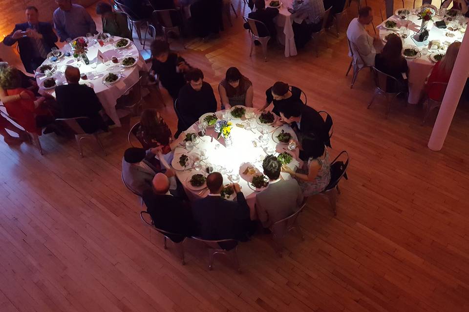 While uplighting casts a cozy glow, pinspotting adds a dose of focused, functional light on these dining tables in building 6 at Mass MoCA..