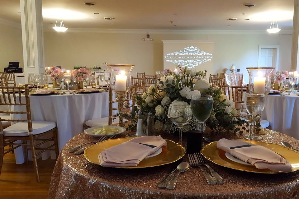 A custom monogram in the banquet room of the Seven Hills Inn in Lenox, Mass.