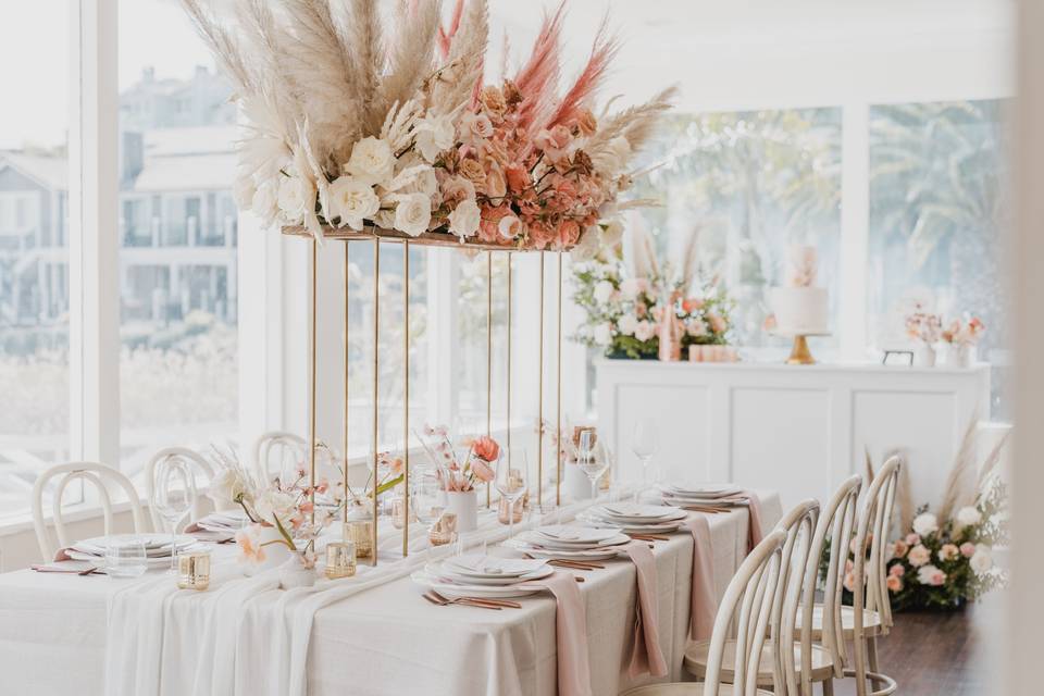 Indoor dining with long tables