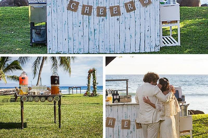 Vintage Bar for Destination Hawaii wedding at Olowalu Plantation House on Maui, Beverage Station for ceremony and cocktail receptoin