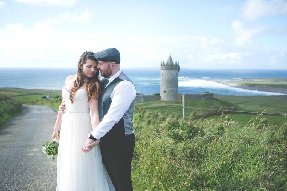 Fairytale Doonagore Castle looking west towards the Aran Islands