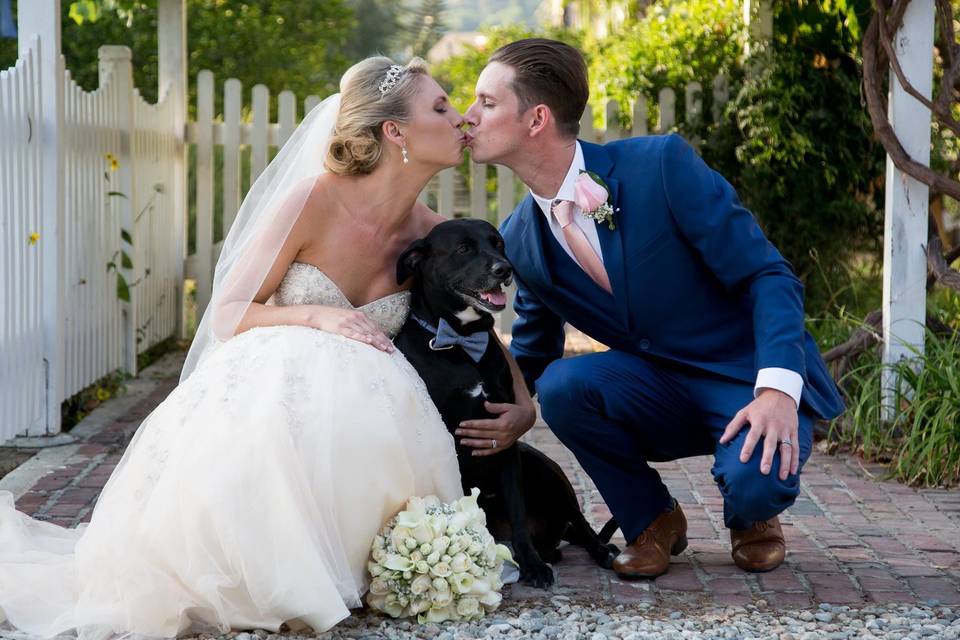 Bride, groom and their beloved pooch.