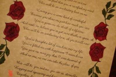 Calligraphy for song lyrics with hand-drawn roses as an accent.