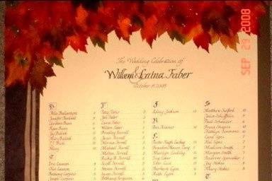 Fall leaf themed seating chart with 3-D effects of layered paper to make the tree and silk leaves glued to the top