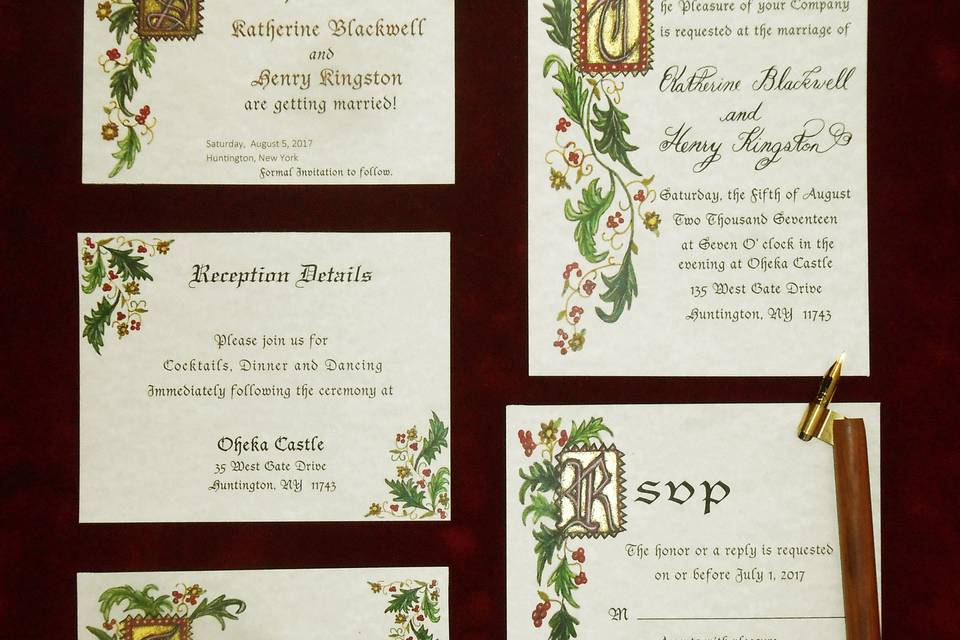 Hand Illuminated Wedding Invitation suite calligraphed and designed using Gold ink.