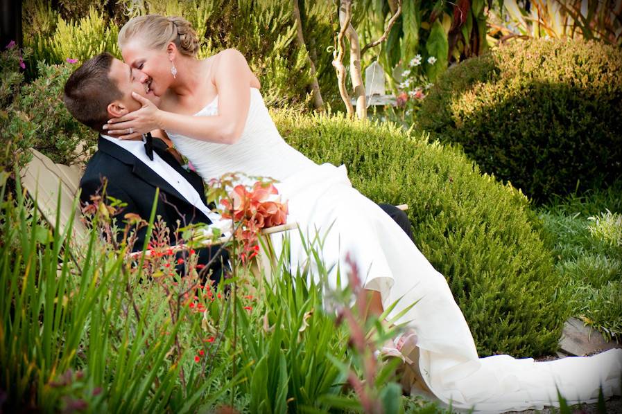 A romantic moment in the gardens at the Hill House, in Mendocino, California.