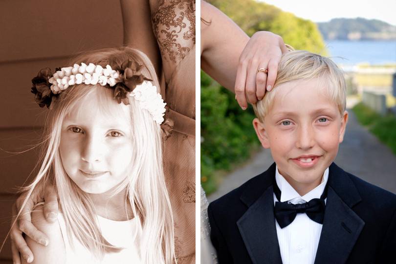 Portraits of the flower girl and ring bearer at a wedding in the village of Mendocino, California.